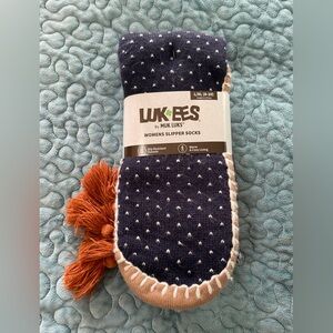 NEW LUKEES By MUK LUKS Women’s Slipper Socks Tassels Navy Blue Slip Resistant